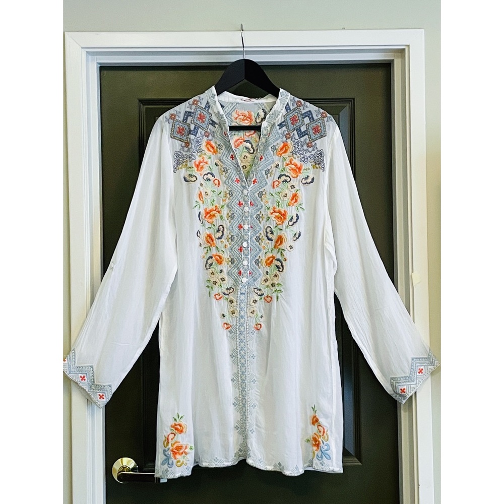Johnny Was Harlow White Tunic Roll-Up Sleeves- NWT